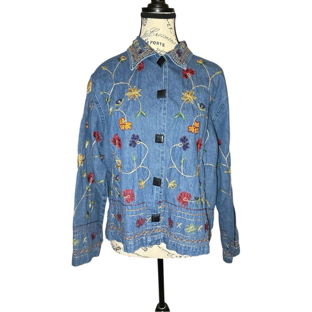 Studio Works Blue Jean Jacket with Floral Embroidery EUC - Picture 2 of 8